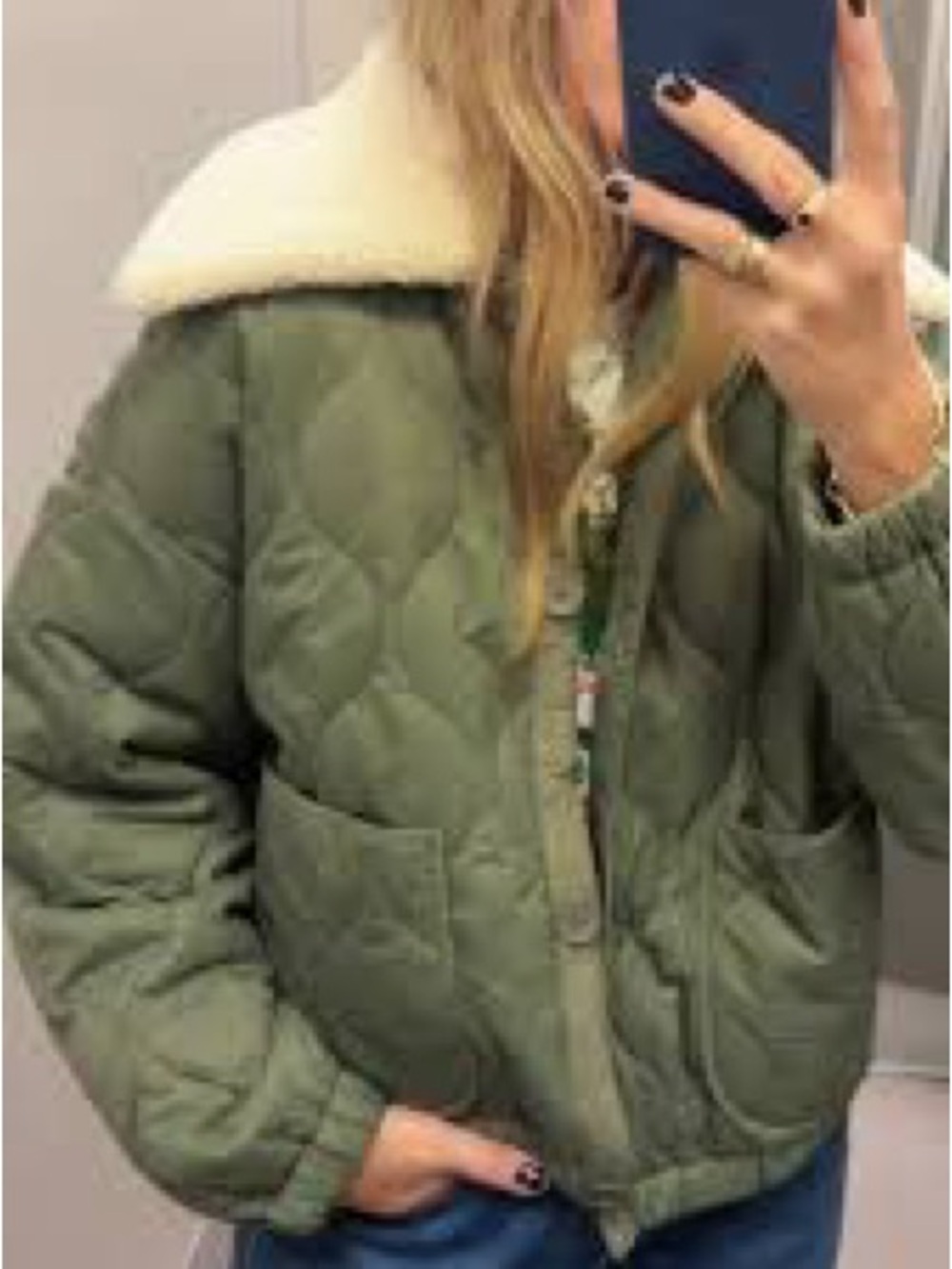 Universal Thread Olive Green Quilted Puffer Jacket with Cream Sherpa Collar